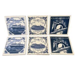 Vintage Holland America Line Ship Blue White Tile Coasters Collection Lot of 6
